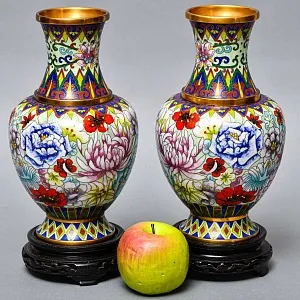 Декоративные Парные Вазы «Летний сад» в технике «Клуазоне» Н -30 см., Китай 50 -е годы ХХ века.