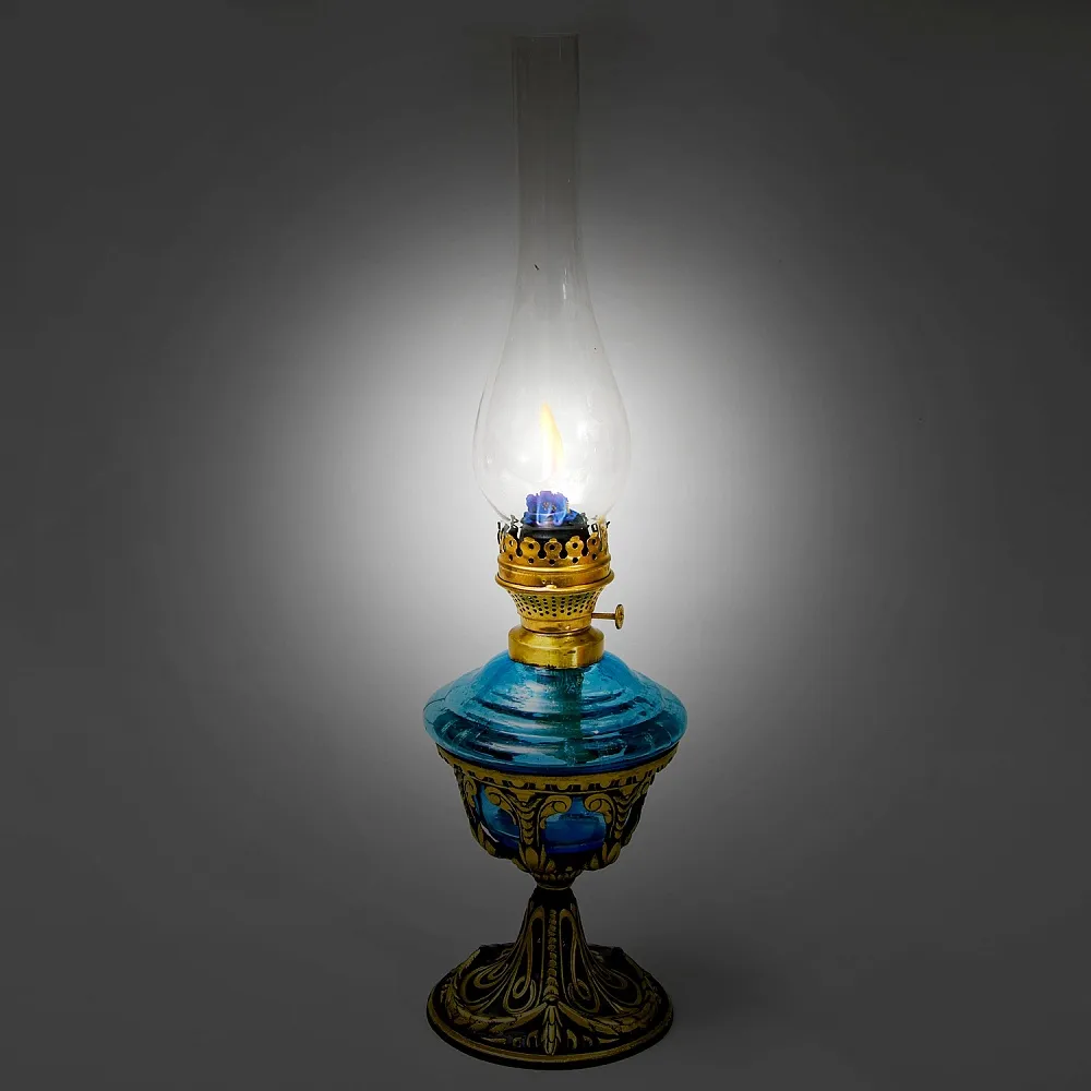 Антикварная Керосиновая Лампа «Аквамарин», Стекло / Металл, начало ХХ века.