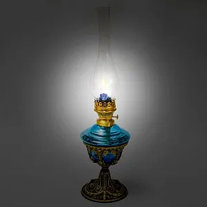 Антикварная Керосиновая Лампа «Аквамарин», Стекло / Металл, начало ХХ века.