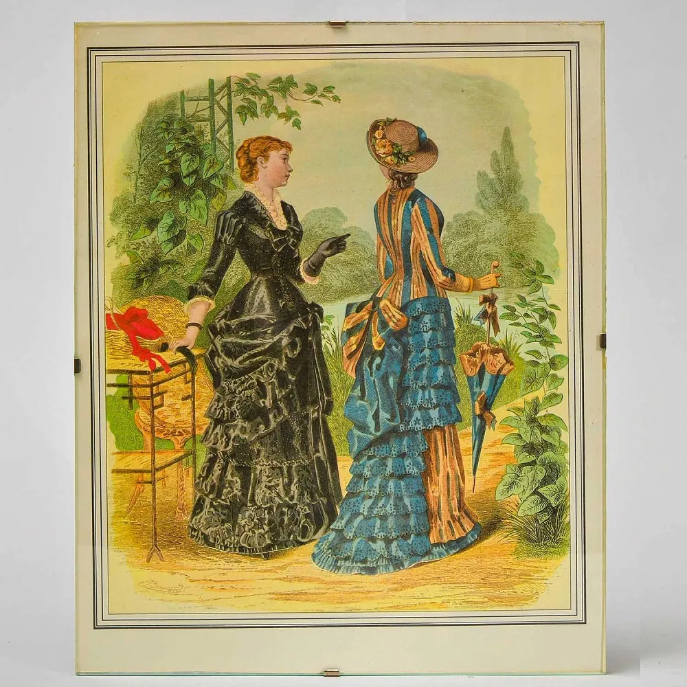 Винтажная Картина - Иллюстрация - Гравюра «Мода. Дамы у пруда», Франция.