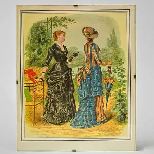 Винтажная Картина - Иллюстрация - Гравюра «Мода. Дамы у пруда», Франция.