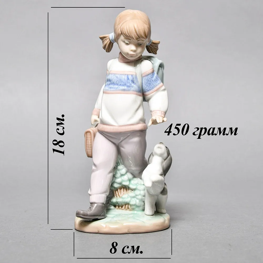 Коллекционная Фарфоровая статуэтка «Девочка и щенок идут в школу», Lladro Испания, 1993 - 1997 годы. 