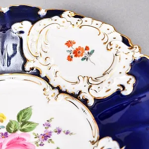 Коллекционное Фарфоровое Блюдо - Тарелка «Букет с розой и колокольчиком» Кобальт, MEISSEN Германия. 