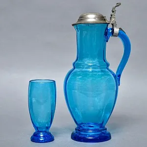 Антикварный Стеклянный Набор Кувшин + Стаканы «Аквамарин» Германия - 30-е годы ХХ века.