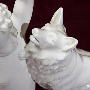 Большая Антикварная Авторская Статуэтка «Мальчик с собакой», Фарфор Villenauxe, Франция -30 гг.