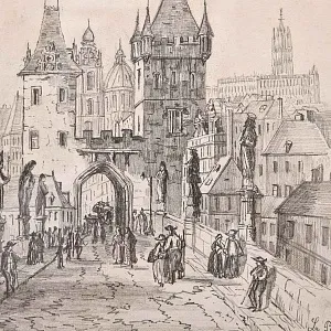 Антикварная Авторская Картина - Рисунок «Королевский Мост», Прага Чехия начало ХХ века.