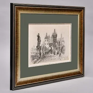 Антикварная Авторская Картина - Рисунок «Королевский Мост», Прага Чехия начало ХХ века.