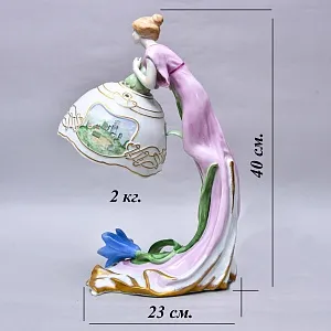 Фарфоровая Электрическая Лампа в стиле Арт-Деко «Девушка с Лилией», Литофания, PLAUE Германия.