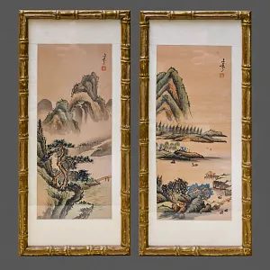 Редкость! Парные Картины - Пейзажи «Страна Грёз», Тушь Акварель Багет, Япония первая половина ХХ века..