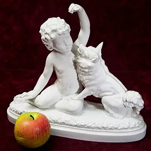 Большая Антикварная Авторская Статуэтка «Мальчик с собакой», Фарфор Villenauxe, Франция -30 гг.