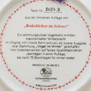 Коллекционная Тарелка «Зарянки на снегу» Фарфор, Hutschenreuther, Германия -1992 год.