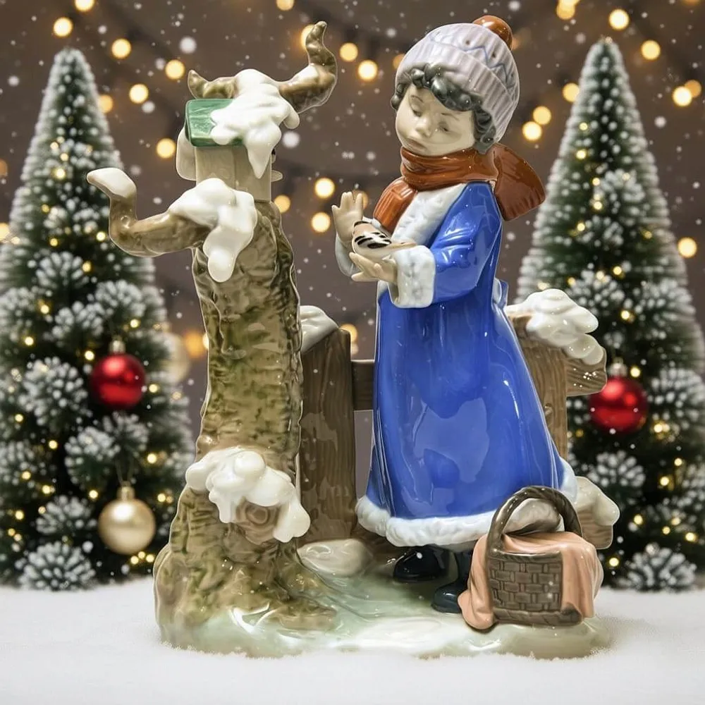 Коллекционная Фарфоровая статуэтка «Морозная зима или Девочка с птицей», Lladro Испания, 1985 год.