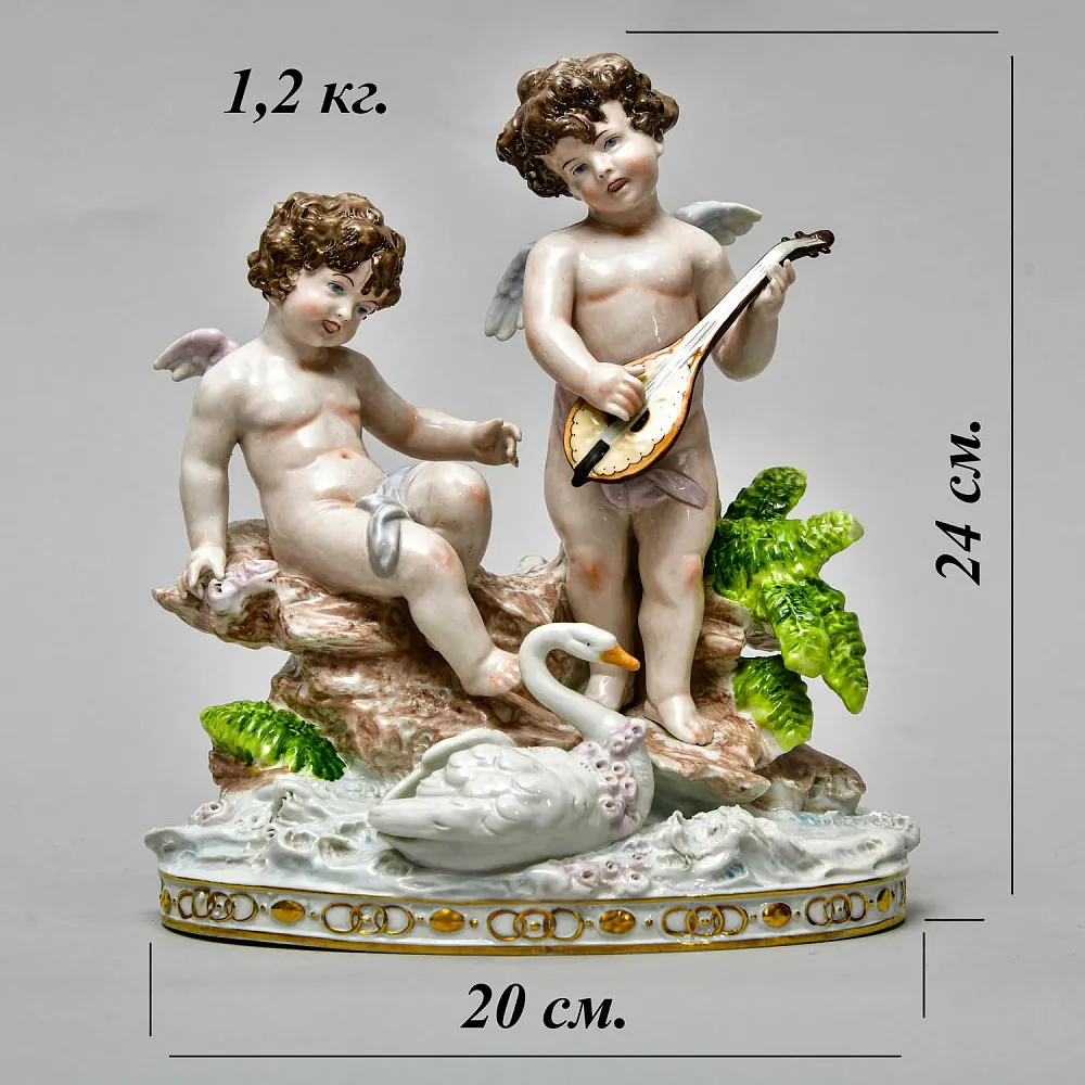 Редкость! Коллекционная Фарфоровая Статуэтка «ДВА ПУТТИ И ЛЕБЕДЬ», Scheibe - Alsbach Германия.