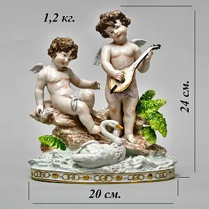 Редкость! Коллекционная Фарфоровая Статуэтка «ДВА ПУТТИ И ЛЕБЕДЬ», Scheibe - Alsbach Германия.