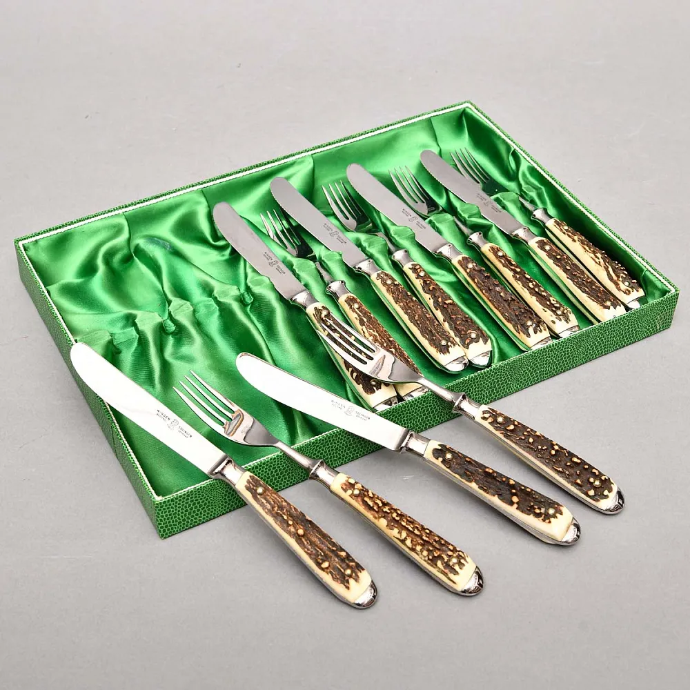 Редкость! Большой Сервировочный Набор для стейка «Охота», Германия, ANTON WINGEN Solingen, 50 -е гг.