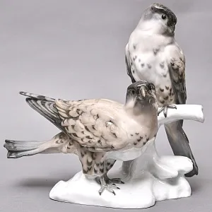 Антикварная Фарфоровая статуэтка «Пара Птиц - Серый Лунь», Karl Ens Германия, 1900 -1919 годы.