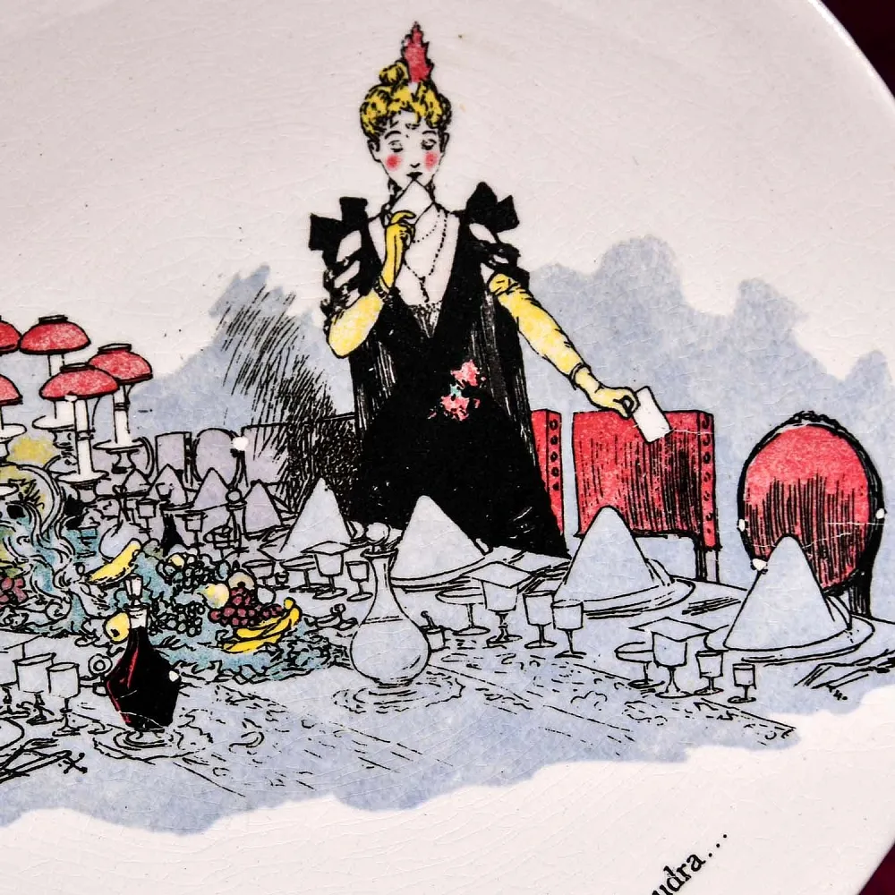 Антикварная Тарелка «Размышления перед банкетом. Недоумение», Фаянс Sarreguemines, Франция конец XIX века.