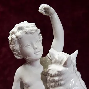 Большая Антикварная Авторская Статуэтка «Мальчик с собакой», Фарфор Villenauxe, Франция -30 гг.