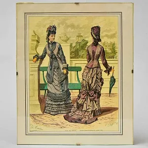 Винтажная Картина - Иллюстрация - Гравюра «Мода. Дамы у скамейки», Франция.