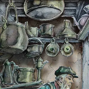 Объемная Картина - Панно в технике 3D декупаж «Ремесленник. Мастер - лудильщик», 70-е годы ХХ века.