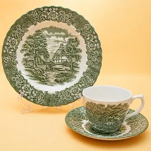 Чайная пара+Тарелка (Тройка) «Memory Lane (Green)» Фарфор BRITISH ANCHOR, Англия - 60 гг.