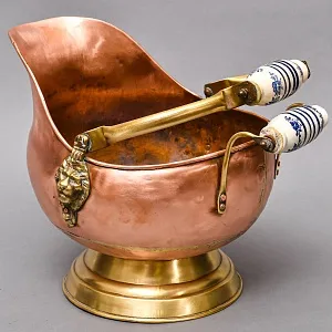 Классический Медный Зольник с  Фарфоровыми ручками, Кашпо Англия, середина ХХ века!