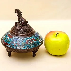 Редкость! Антикварная Шкатулка «Собака ФУ» в стиле «Шамплеве», Металл, Эмаль, Япония 20 гг.