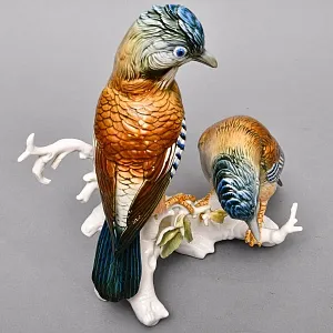 Большая Фарфоровая Статуэтка «Пара птиц - Сойки», Карл Энс / Karl Ens, Германия.