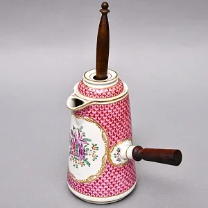 Фарфоровый Кувшин - Чайник для подачи горячего шоколада «ЦВЕТЫ» с лопаткой, Франция - середина ХХ века.