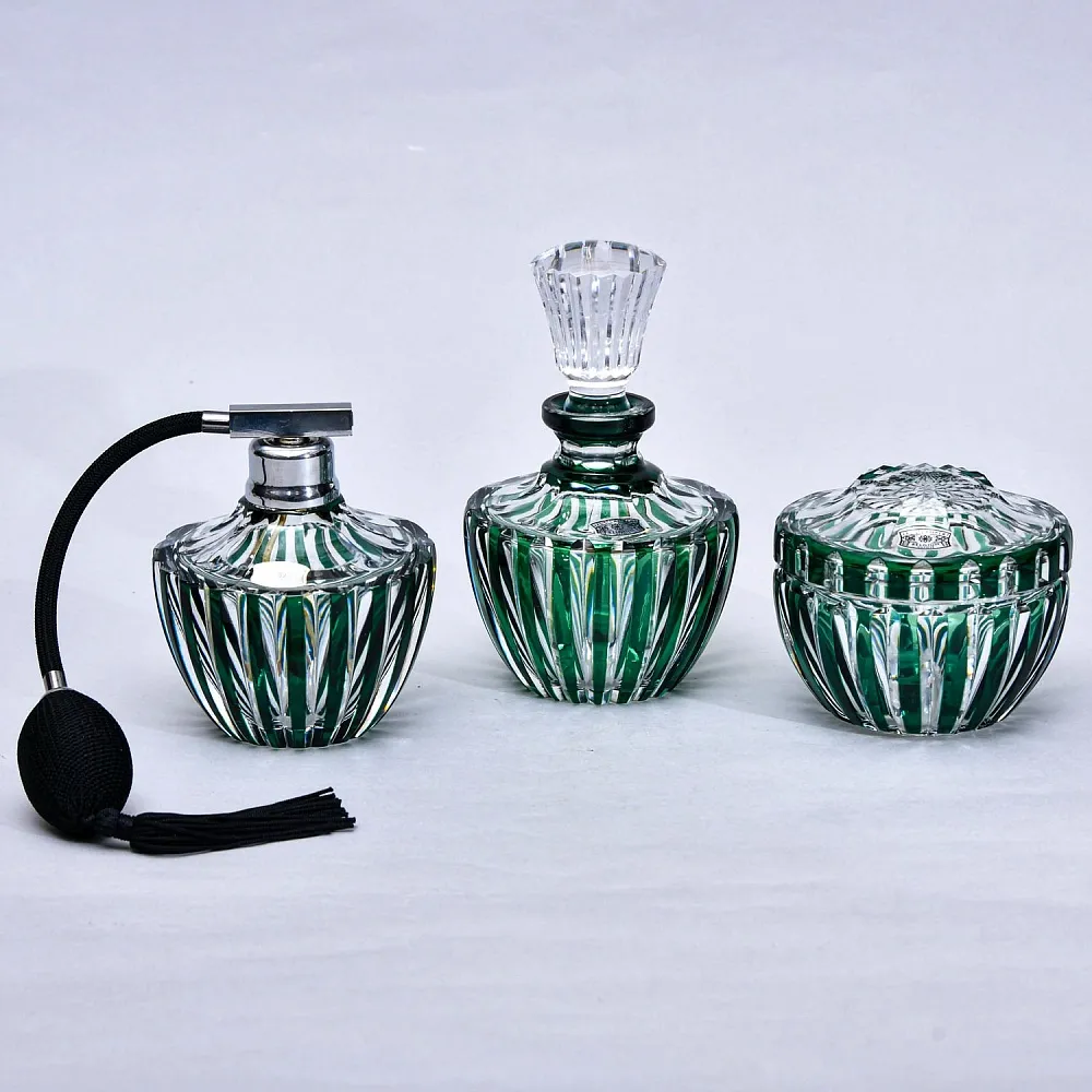 Винтажный Парфюмерный Набор из 3-х предметов, Цветной Хрусталь VAL SAINT LAMBERT, Бельгия.