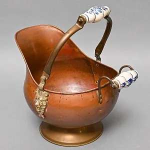 Старинный Медный Зольник с двумя Фарфоровыми ручками - Кашпо, Англия, первая половина ХХ века.