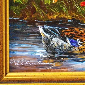 Картина - Пейзаж «На Пруду - Утки Кряквы», Доска, Масло, Германия середина ХХ века.