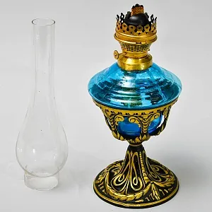 Антикварная Керосиновая Лампа «Аквамарин», Стекло / Металл, начало ХХ века.