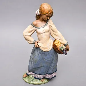 Большая Фарфоровая статуэтка «Девушка с корзиной фруктов», Lladro серия Грес, Испания.
