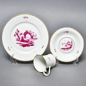 Фарфоровая Кофейная пара + тарелка «Пейзаж у реки», Hochst Германия, середина XX века.