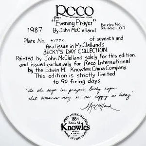 Коллекционная Фарфоровая Тарелка «День девочки Бекки. Вечерняя молитва», RECO США - 1987 год.