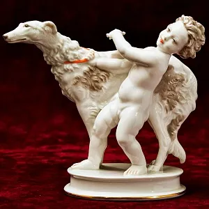 Антикварная Фарфоровая Статуэтка «ПУТТИ И СОБАКА БОРЗАЯ», ROSENTHAL Германия - 1934 год.