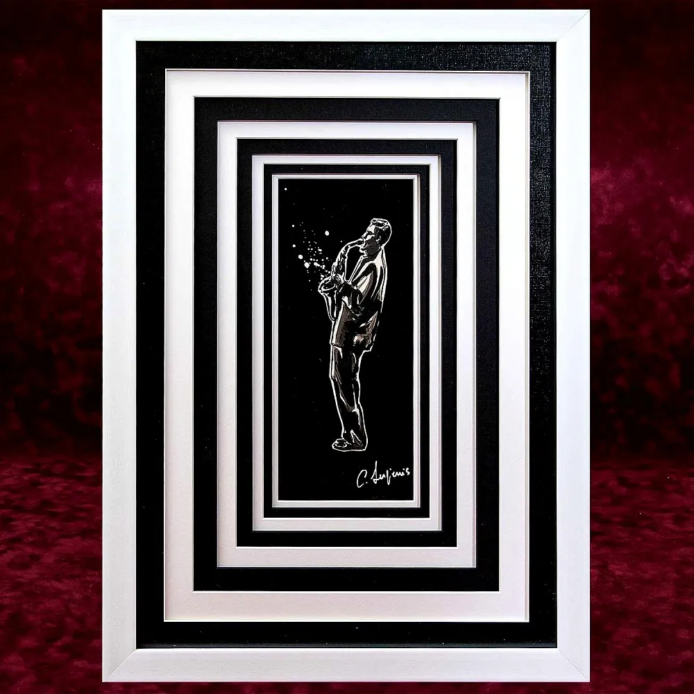 Картина - Коллаж «МУЗЫКАНТ - Саксофонист». Перо, Карандаш, в раме с паспарту, Франция.