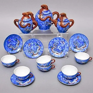 Чайный Сервиз на 6 персон «Синий Дракон», Фарфор SATSUMA Япония, середина ХХ века. 