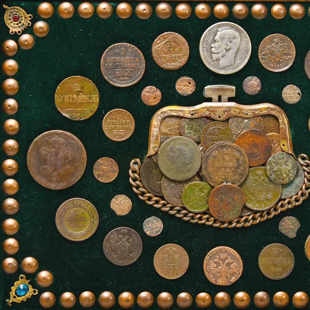 Настенное Коллекционное Панно - Картина «Кошелёк со Старинными Монетами»..