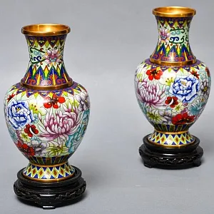 Декоративные Парные Вазы «Летний сад» в технике «Клуазоне» Н -30 см., Китай 50 -е годы ХХ века.