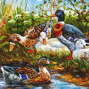 Картина - Пейзаж «На Пруду - Утки Кряквы», Доска, Масло, Германия середина ХХ века.