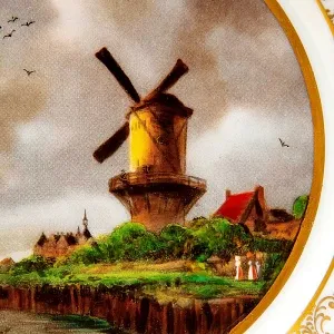 Коллекционная Фарфоровая Тарелка «Пейзаж с мельницей», Германия 80-е годы ХХ века.-копия