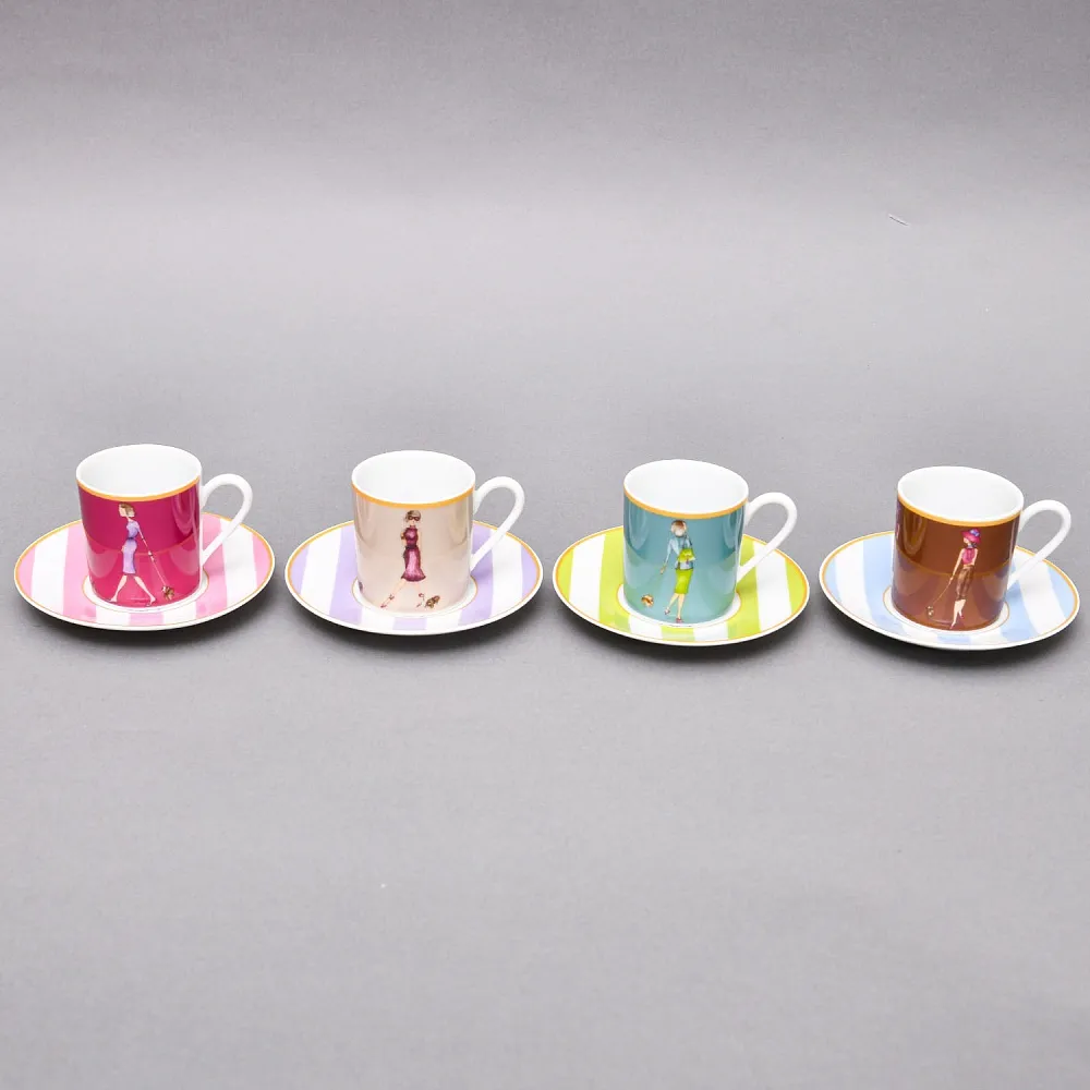 Набор из 4-х Кофейных пар «За покупками - Shopping», Limoges Medard de Noblat Франция, конец ХХ века.