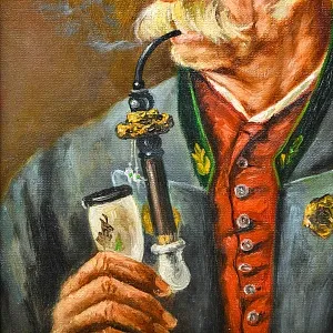 Картина - Портрет «Старый охотник с трубкой», Доска, Масло, Германия -1967 год.