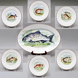 Столовый «Рыбный» Сервиз на 6 персон, Фарфор Limoges / Лимож Франция, конец ХХ века.