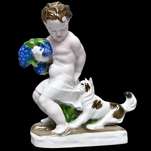 Редкая! Фарфоровая статуэтка «Мальчик с виноградом и собака», ROSENTHAL Германия, первая половина ХХ века. 