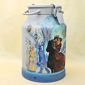 Авторская Картина на Винтажном Бидоне «Паровоз, Перрон и Любовь» - «Зонтичница» или Ёмкость - для хранения зонтов и тростей .