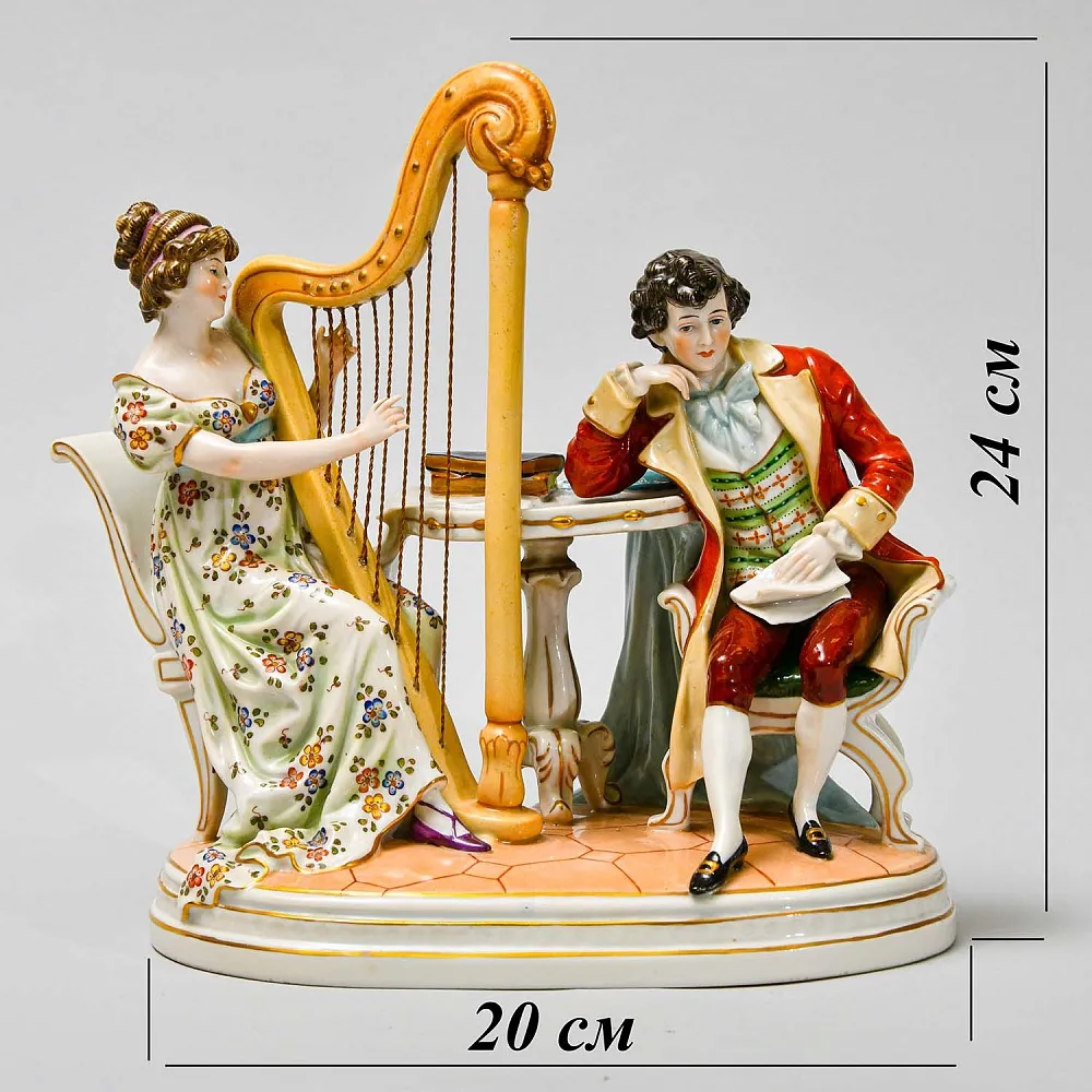 Антикварная Статуэтка «Арфистка и Кавалер - Репетиция», фарфор Scheibe - Alsbach, Германия.