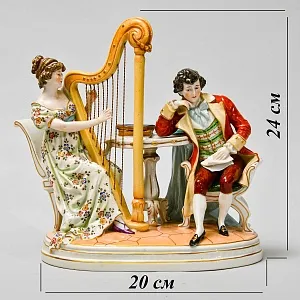 Антикварная Статуэтка «Арфистка и Кавалер - Репетиция», фарфор Scheibe - Alsbach, Германия.